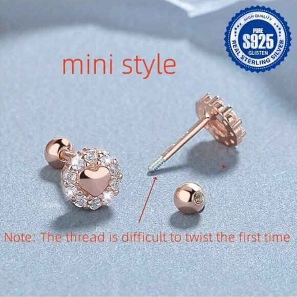 Dainty 18K Rose Gold over Sterling Silver Heart CZ Screw Back Studs - Picture 2 of 2